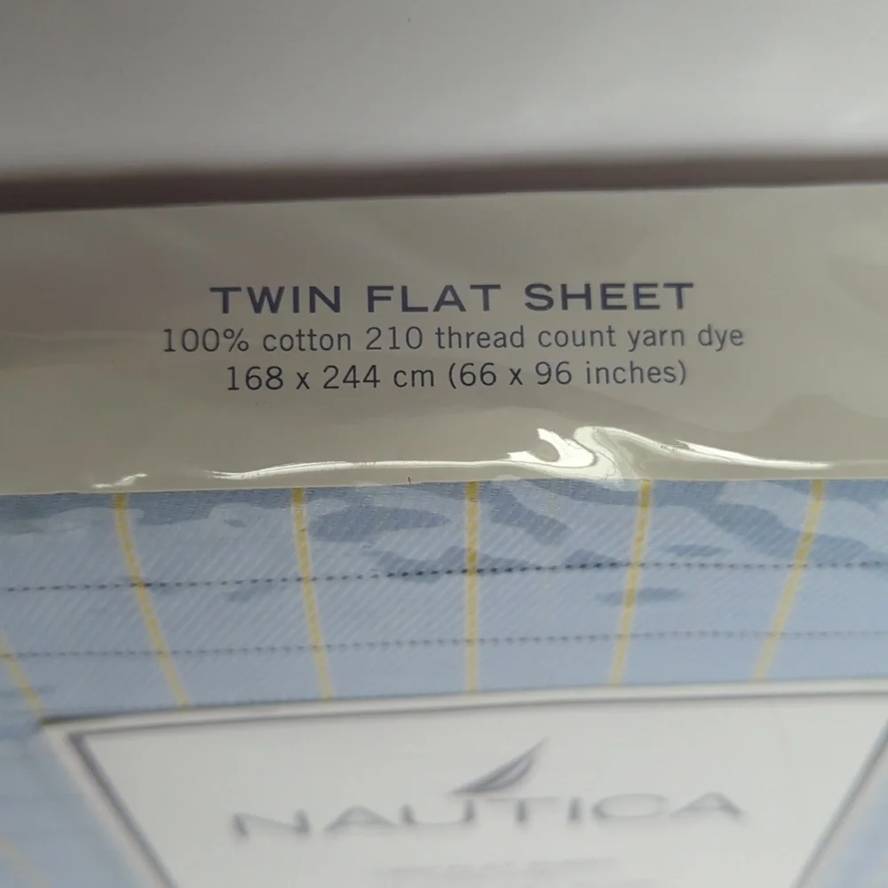 Nautical Sheet Twin Flat 100% Cotton Blue Windowpane 210 Thread Count NEW